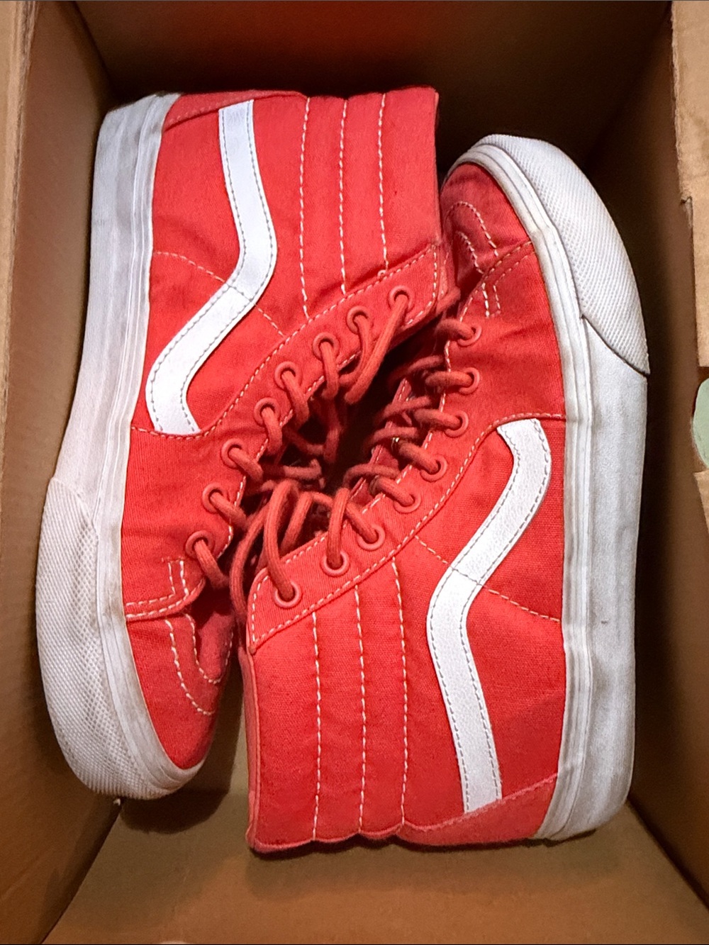 Vans Neon Coral High-Top Canvas Sneakers with White Stripe